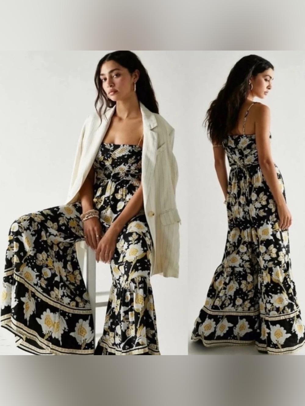 Free People Little Of Your Love Jumpsuit Floral  Wide Leg small moonless combo